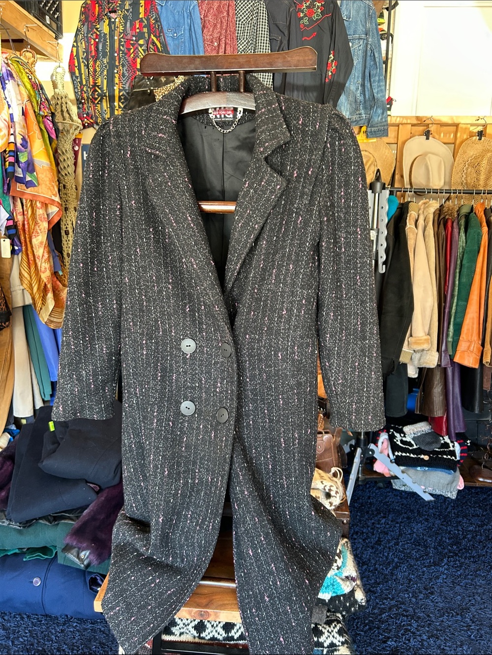 Vintage New York Girl Black/Pink Tweed Double-Breasted Women's Coat - Picture 2 of 14